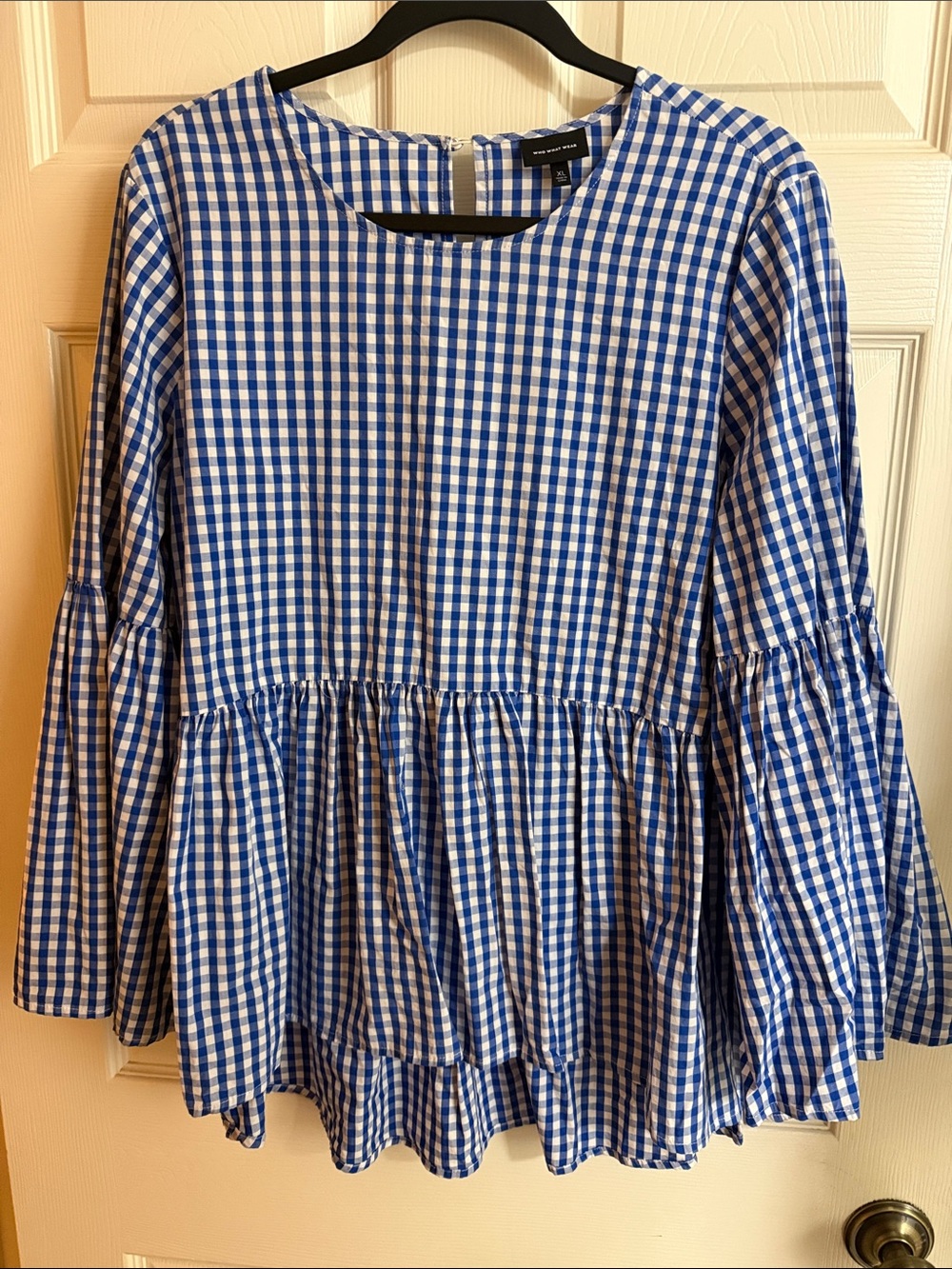 Who What Wear Blue and White Gingham Peplum High-Low Blouse
